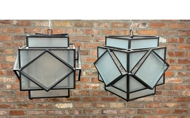 Exceptional pair of Period Art Deco iron framed pendant or c...