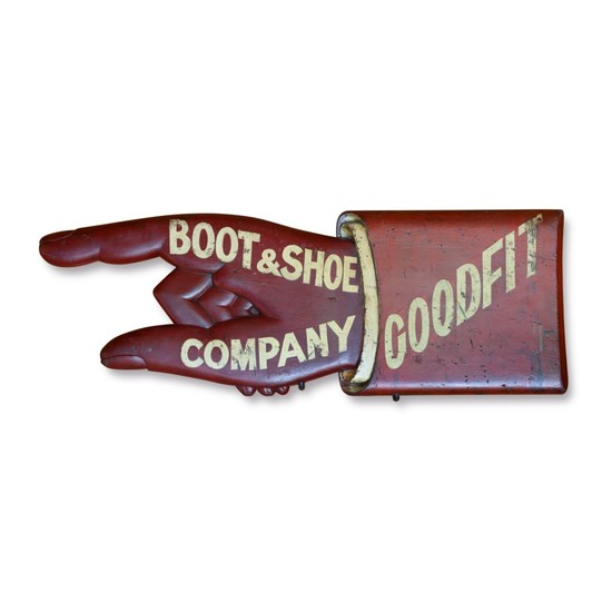FINE AND RARE CARVED AND RED PAINTED WOODEN COBBLER'S TRADE SIGN, CIRCA 1880