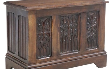 FRENCH GOTHIC REVIVAL CARVED OAK STORAGE CHEST COFFER