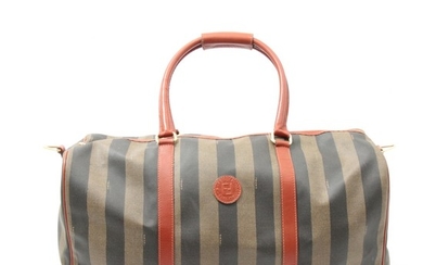 Fendi Pequin Stripe Coated Canvas Duffel Bag with Rust Orange Leather Trim