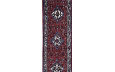 Fire Brick Red, New Persian Hamadan, Wool, Hand Knotted, Runner Rug
