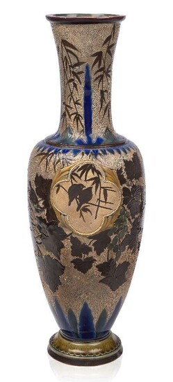 Florence E Barlow (British, Act. 1873-1909), a large Doulton Lambeth pâte-sur-pâte decorated stoneware vase, Impressed Doulton rosette mark dated 1880, incised FEB on the side and incised assistant's initials for Eliza L Hubert, The baluster form...