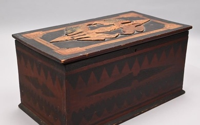 Folk Art Carved and Painted Pine Box in Red Paint