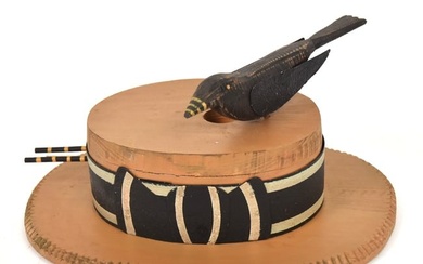 Folk Art Wooden Boaters Hat with Carved Bird