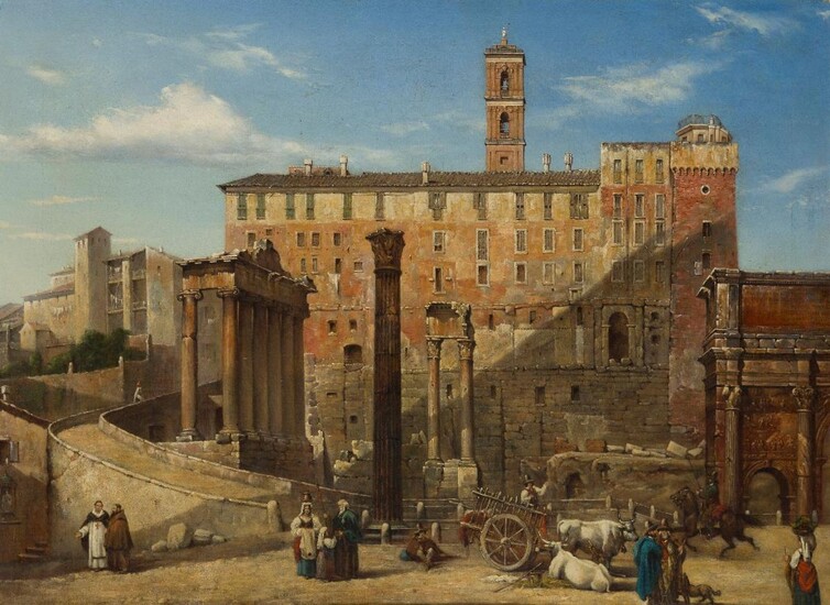 Follower of Pierre Monami, Belgian 1814-1857- View of the Forum with the Palazzo dei Senatori, Rome; oil on canvas, 57 x 76 cm. Provenance: Private Collection, UK. Note: See the watercolour by Vincenzo Marchi (1818-1894) at Christie's, London, 5...