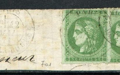 France 1871 - Rare fragment with two No. 42B, perforated in a line, signed Calves.