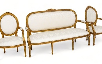 French Louis XVI Style Giltwood Parlor Set, Cream Brocade Upholstery, Ca. 1900, H 40" W 66" Depth