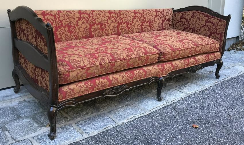 French Provencal Style Carved Frame Sofa w Brocade