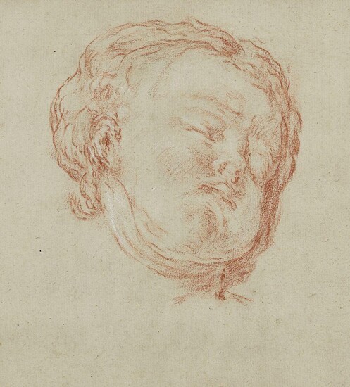 French School, 18th century- Head of a sleeping child; red chalk heightened with touches on white on laid paper laid down on card, 24.5 x 22 cm. Provenance: A. J. Ballingal, Chelsea, London; By descent. Note: The present work bears similarities to...