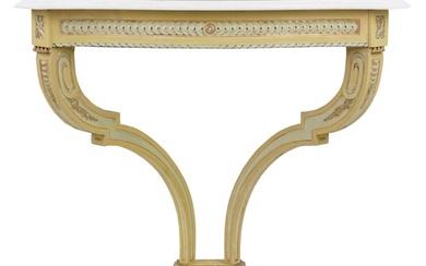 French cream and gilt painted console table with marble top,...