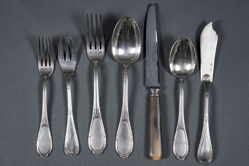 French silver cutlery set, punched, 19th century. Bow...