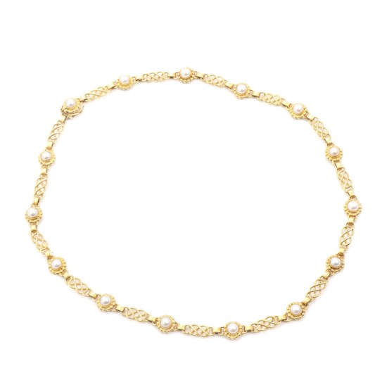 Georg Jensen: A pearl necklace set with numerous cultured pearls, mounted in 18k gold. Design no. 18. L. 42 cm.