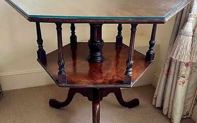 George III and later mahogany two tier display table of hexagonal form, on tripod base, 87cm wide