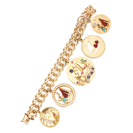 Gold and Gem-Set Charm Bracelet, One Charm by Cartier, One Charm by Tiffany & Co.