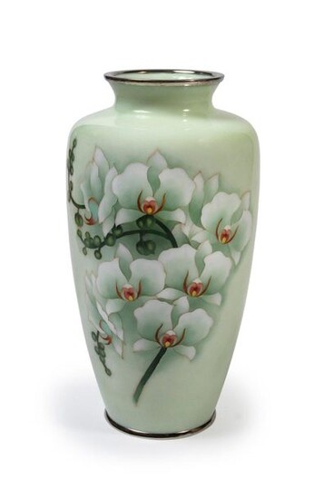 Grand vase cloisonné à motif de fleurs d'orchidées...