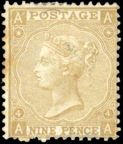 Great Britain - 9p. straw. Plate 4. Small defect but Very Fine. Signed BEHR. - Stanley Gibbons 98