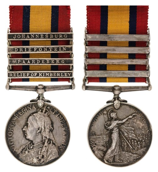 Great Britain. Queen's South Africa Medal, 1899-1902. Four clasps: "Relief of Kimberley", "Paar...