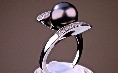 Greenbaum & Bishop - 18 kt. White gold - Ring Tahitian gray fine pearl of 10 mm - Diamonds
