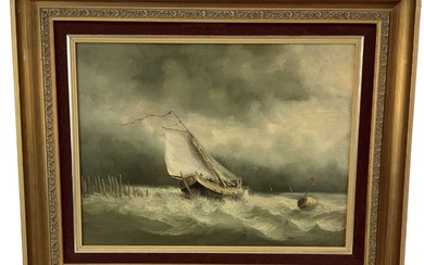 H MILLS; oil on canvas, shipping scene depicting a boat...