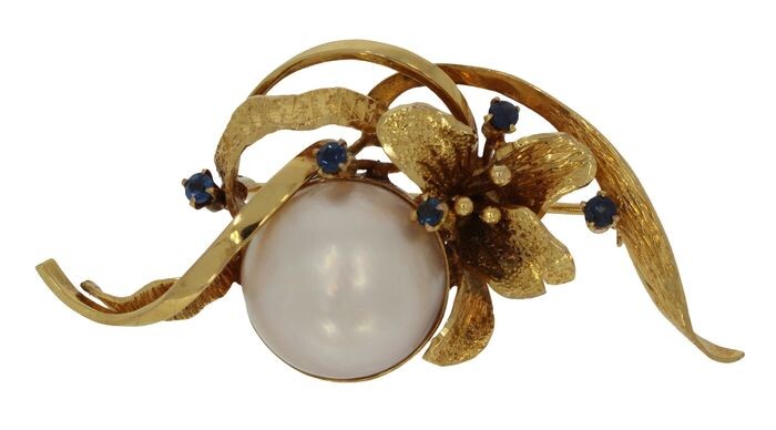 Handmade - 14 kt. Yellow gold - Brooch Mabe pearl - Sapphire