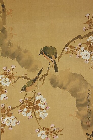 Hanging scroll painting - Silk, Wood - signature and seal "Sekisen"石泉 - Birds on Sakura branch - Japan - Taishō period (1912-1926)
