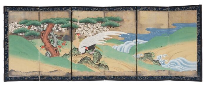 Hinagata screen (byobu) - Paper, Wood - A beautiful six panel hinagata byobu screen on gold leaf with a colorful landscape scene - Japan - Meiji period (1868-1912)