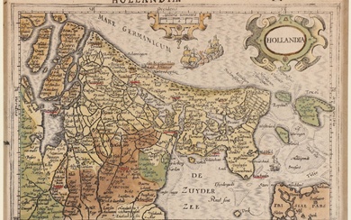 [Hollande]. "Hollandia". Carte manuscrite de J. HONDIUS, avec cartouche de titre et cartouche d'échelle, 13,5x19,3...