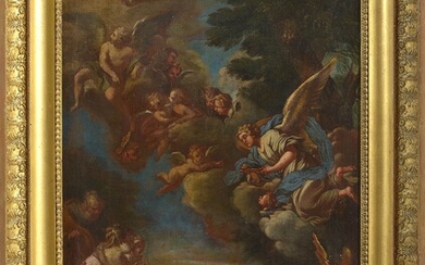 Huile sur toile marouflée sur toile "Le repos de la Sainte Famille durant la fuite...
