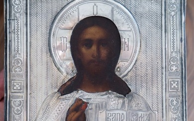 Icon, Christ Almighty - Pantocrator - Silver, Wood - Late 19th century