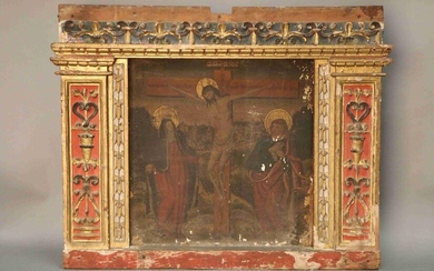 In the taste of the SPANISH SCHOOL Crucifixion between Saint John and Mary Panel (Ancient Restorations) 60 x 53 cm