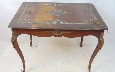 Inlaid mahogany table, bronze trim, loss of inlay, trim is loose, some missing, table is 34.25" by