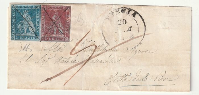 Italian Ancient States - Tuscany 1852 - 1 and 2 cr. on light blue paper on letter from Pescia (cancellation in pen Pt.5) to Città della Pieve - Sassone NN. 4b, 5b