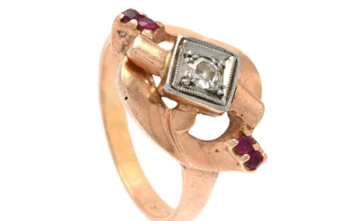 Jewellery Ring RING, 14K gold, rubies, old brilliant cut diamo...