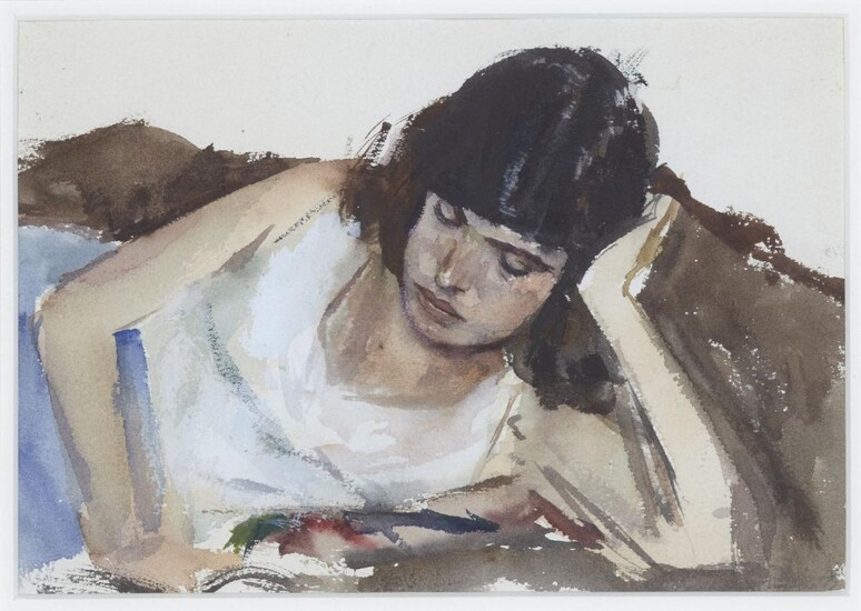John Pearce, British b.1942 - Girl Reading; watercolour on paper, signed and dated 'J.N. Pearce 11th Aug 75', 17 x 24.5 cm (ARR) Provenance: Michael Dickens; private collection Note: Michael Dickens (1943-2020) was a British art dealer, collector...