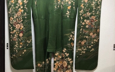 Kimono - Satin, Silk - Butterflies and cherry blossom petals scattering on a stream - Japan - Mid 20th century