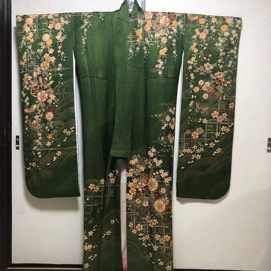 Kimono - Satin, Silk - Butterflies and cherry blossom petals scattering on a stream - Japan - Mid 20th century