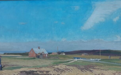 SOLD. Knud Peter Eel: Scenery from Tåbel Bro, Agger. Signed Eel Taabel Bro Apr. 1943. Oil on canvas. Visible size 64.5 x 132.5 cm. Frame size 76 x 143.5 cm. Framed. – Bruun Rasmussen Auctioneers of Fine Art