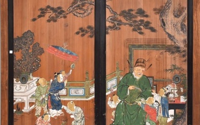 Korean Joeson Dynasty Painted Antique Wood Two-Panel Elder and Children Doors, 19th/early 20th