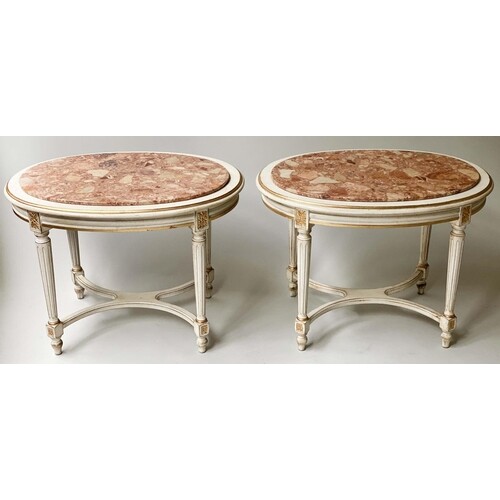 LAMP OCCASIONAL TABLES, a pair, Louis XVI design oval grey p...