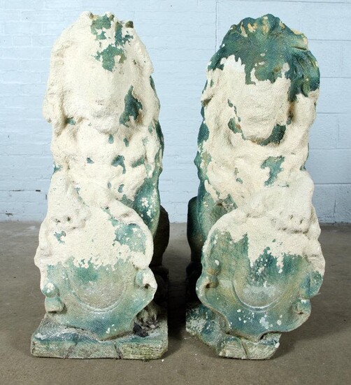 LARGE PAIR OF CAST STONE STANDING LIONS