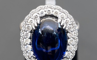 Large Oval Sapphire Ring with Diamonds - 14 kt. White gold - Ring - 14.47 ct Sapphire - Diamonds, 1.44ct Natural Diamonds - D / VVS
