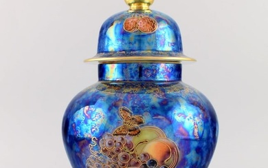 Large Rosenthal lidded jar in blue glazed porcelain with hand-painted fruits, butterflies and gold