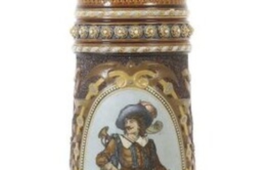 Large lidded tankard ''Trumpeter von Säckingen'' Villeroy & Boch, Mettlach, 1885, light stoneware, partly glazed in brown shades, front side portrait cartouche polychrome etched with surrounding relief decoration, in it image of the Trumpeter von...