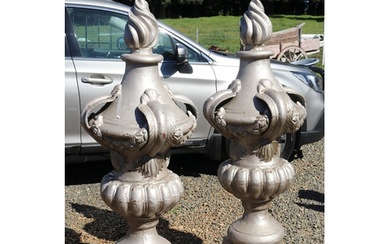 Large pair French cast iron finials of torche & vase design,...