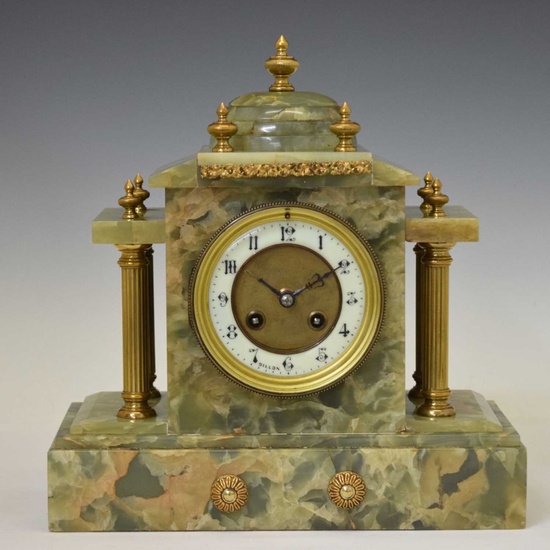 Late 19th century French green onyx architectural mantel clock