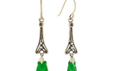 Lilly M. JEWELERS - 9 kt. Gold - Drop earrings Jade - Rubies