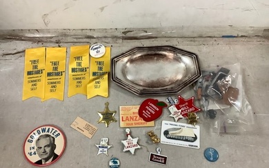 Lot of political bookmarks, pins, silver tray, and other items