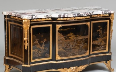 Louis XV/XVI Style Gilt-Bronze-Mounted Ebony, Black Lacquer and Parcel-Gilt Commode, After The Model