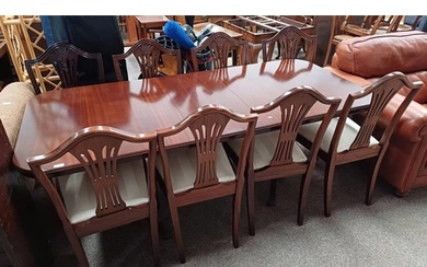 MAHOGANY TWIN PEDESTAL DINING TABLE WITH EXTRA LEAF & SET OF...