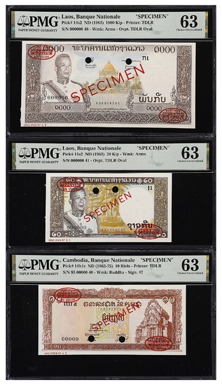 MIXED LOTS. Cambodia & Laos. Lot of (3). Banque Nationale du Laos & Banque Nationale du Cambodge. 10 Riels, 20 & 1000 Kip, ND (1962-75)....